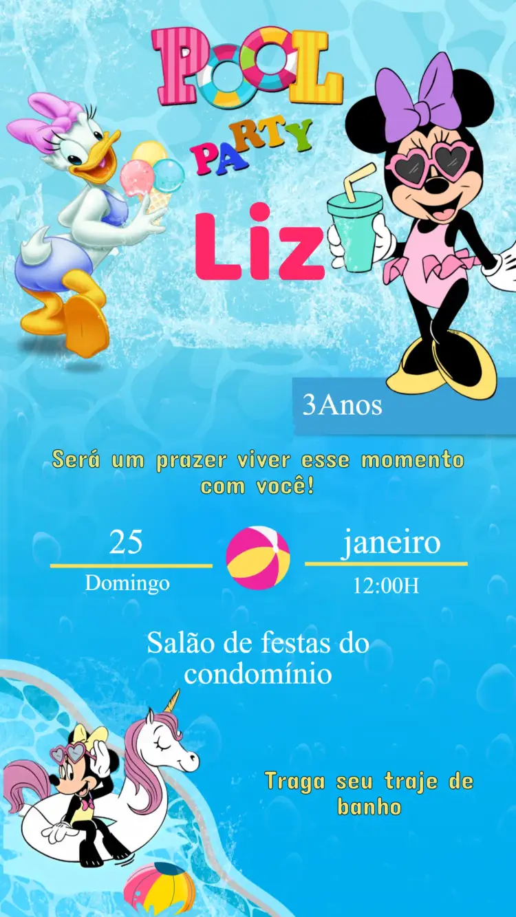 Convite Convite Aniversário Pool Party MINNIE – tema Aniversário Infantil colorido, divertido, temático, aqua, infantil, veranil