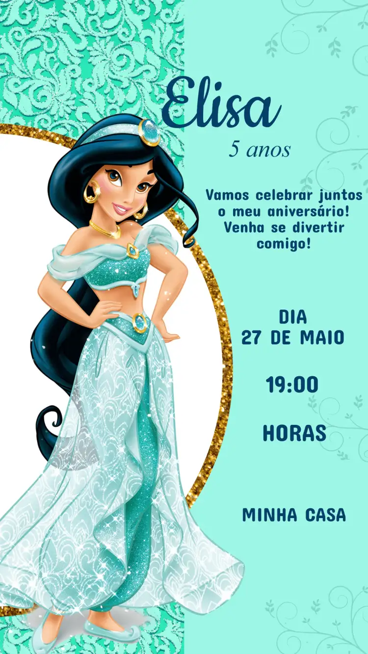 Convite Convite Aniversário Princesa Jasmine – tema Aniversário Infantil cores vibrantes, estilo oriental, elementos mágicos, detalhes florais, design lúdico, inspirado em contos de fadas