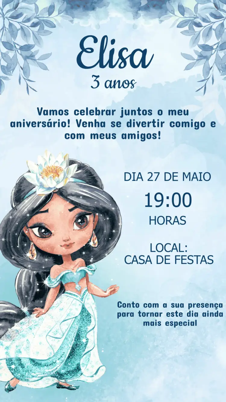 Convite Convite Aniversário Princesa Jasmine – tema Aniversário Infantil cores vibrantes, estilo encantado, elementos de conto de fadas, detalhes em dourado, ilustrações lúdicas