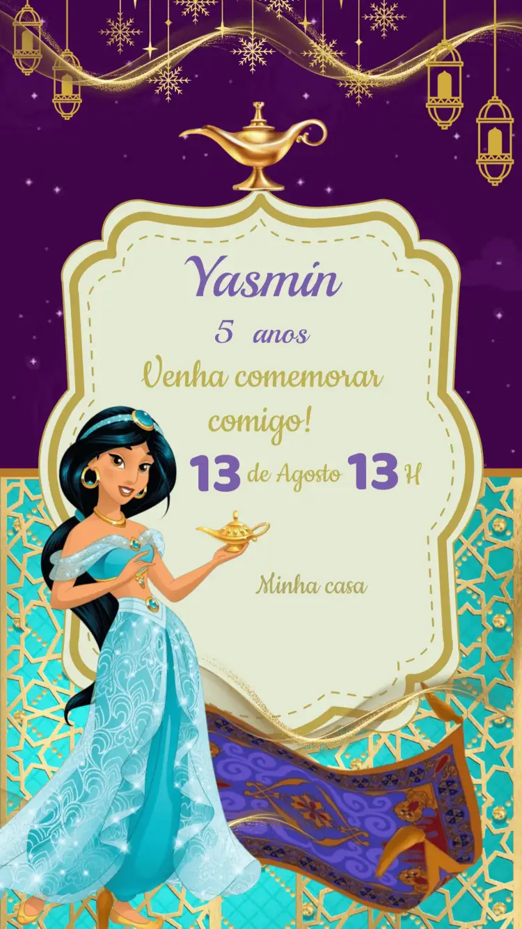 Convite Convite Aniversário Princesa Jasmine – tema Aniversário Infantil cores vibrantes, estilo encantador, elementos gráficos de conto de fadas, detalhes dourados, ilustrações lúdicas
