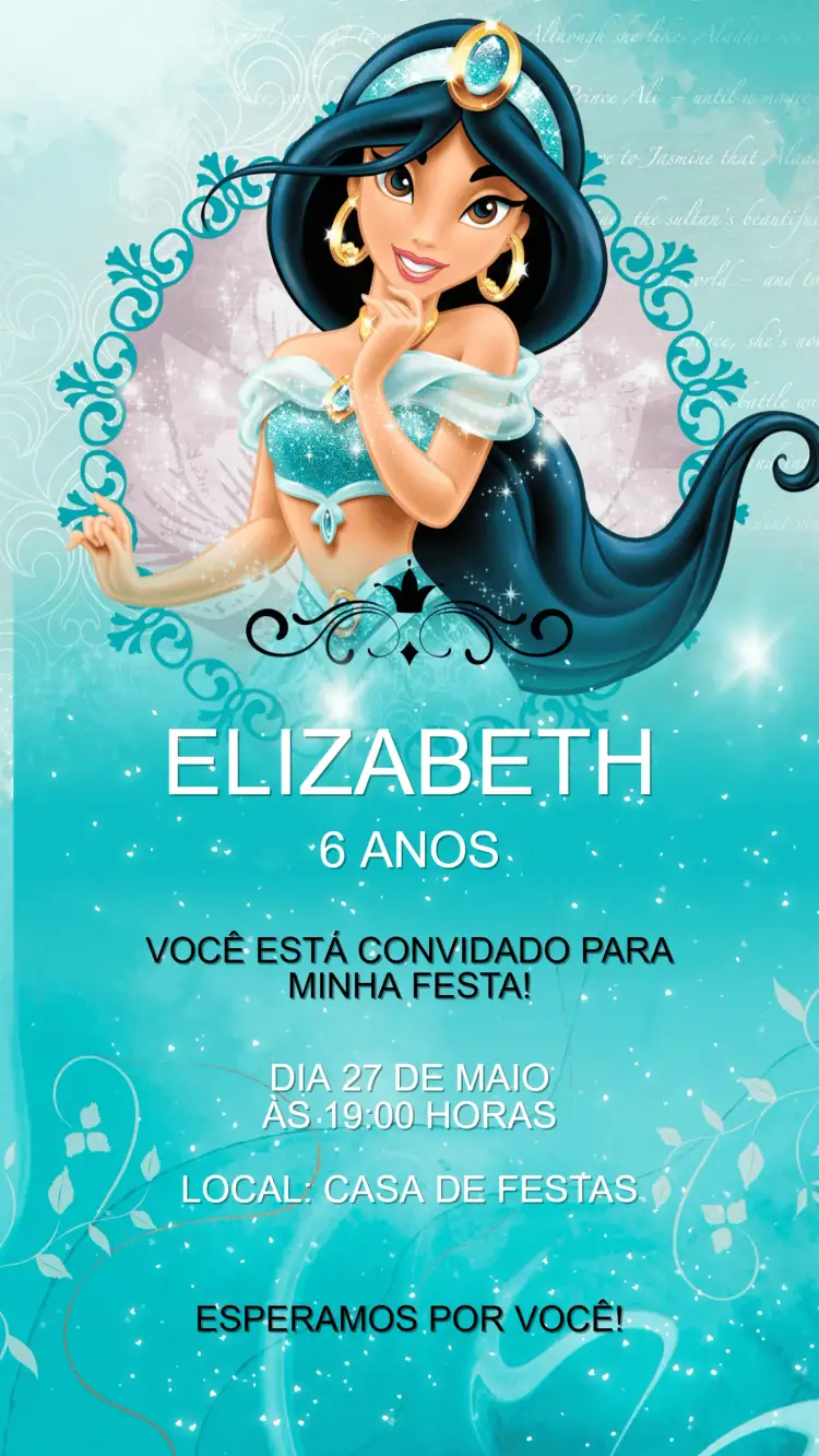 Convite Convite Aniversário Princesa Jasmine – tema Aniversário Infantil colorido, lúdico, inspirado na Disney, elegante, mágico