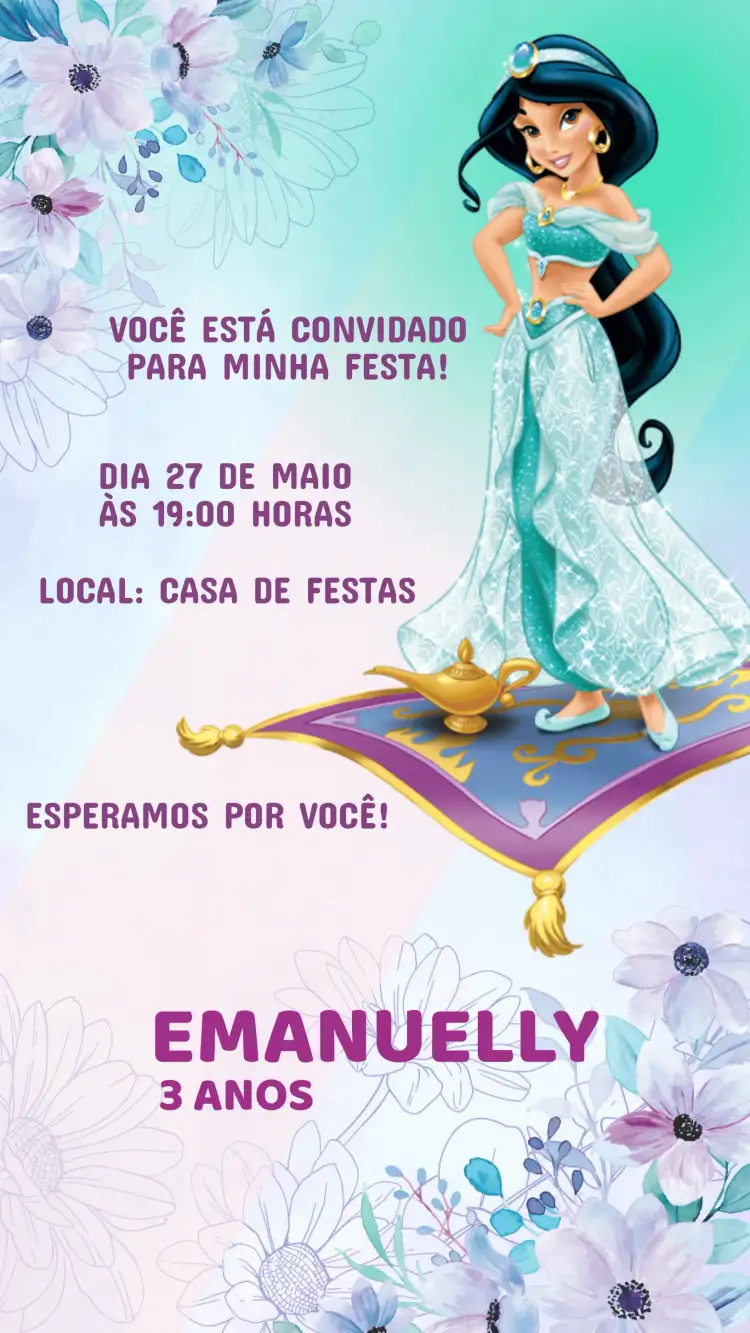 Convite Convite Aniversário Princesa Jasmine – tema Aniversário Infantil cores vibrantes, estilo conto de fadas, elementos gráficos da Disney, ilustrações encantadoras, design alegre, detalhes mágicos