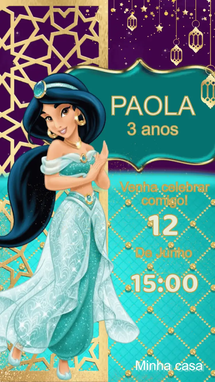 Convite Convite Aniversário Princesa Jasmine – tema Aniversário Infantil cores suaves, estilo encantado, elementos árabes, ilustrações de princesas, design vibrante, toques de mágica