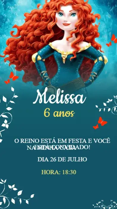 Convite Convite Digital Valente Merida Infantil Editável e Personalizado – tema Aniversário Infantil aquarela, aventura, natureza, vibrante, fantasia, colorido