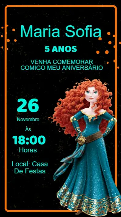 Convite Convite Aniversário Princesa Merida Valente – tema Aniversário Infantil princesas, aventura, natureza, cores vibrantes, ilustrações encantadoras, diversão