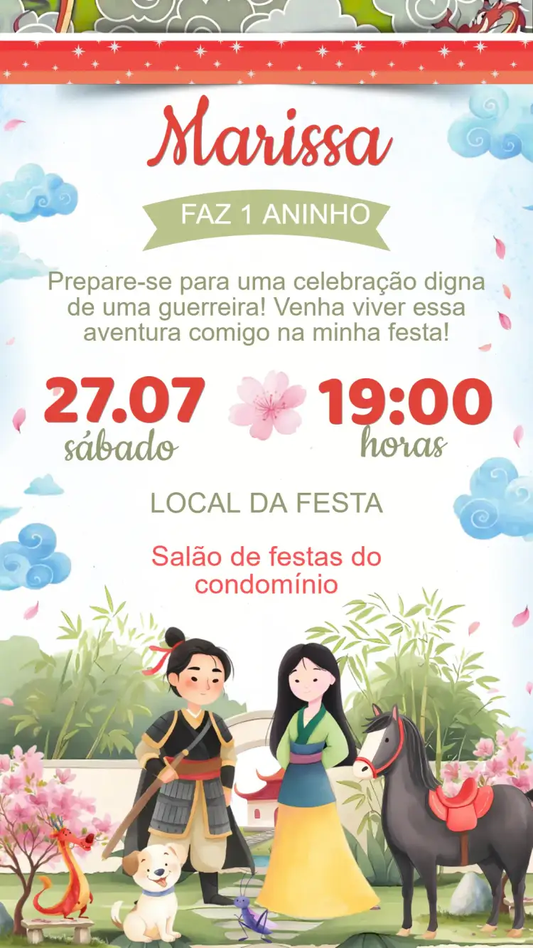 Convite Convite Aniversário Princesa Mulan – tema Aniversário Infantil oriental, guerreiro, natureza, dragão