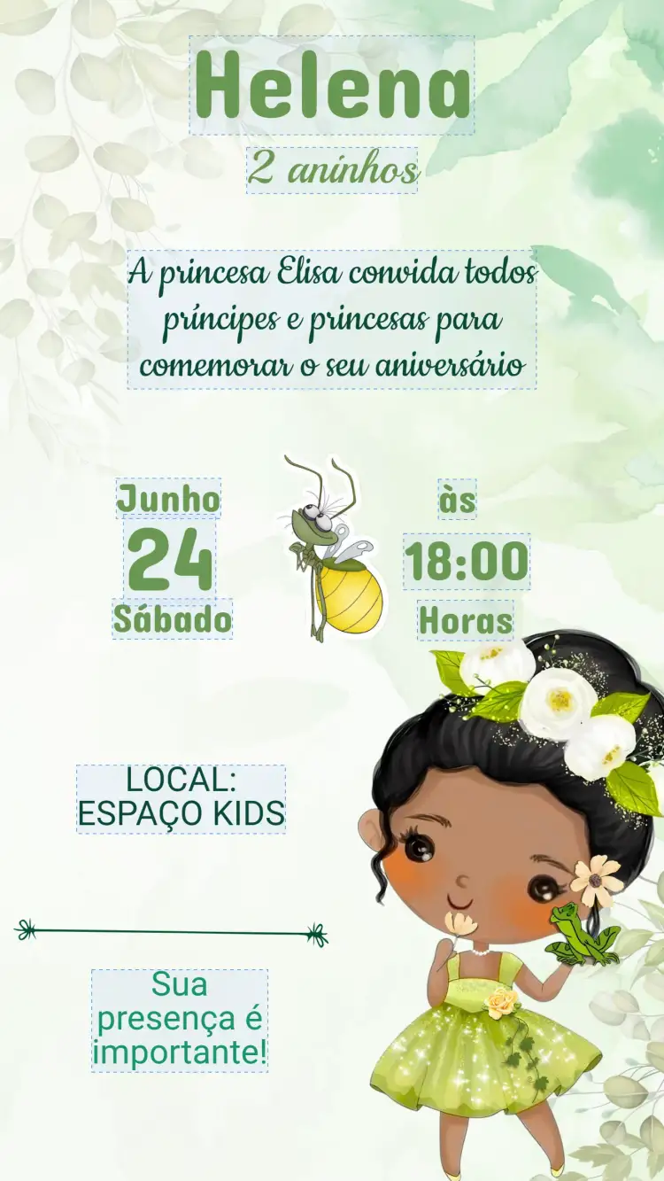 Convite Convite Aniversário Princesa Tiana – tema Aniversário Infantil cores vibrantes, estilo encantado, elementos da Disney, ilustrações lúdicas, design festivo, toques de conto de fadas
