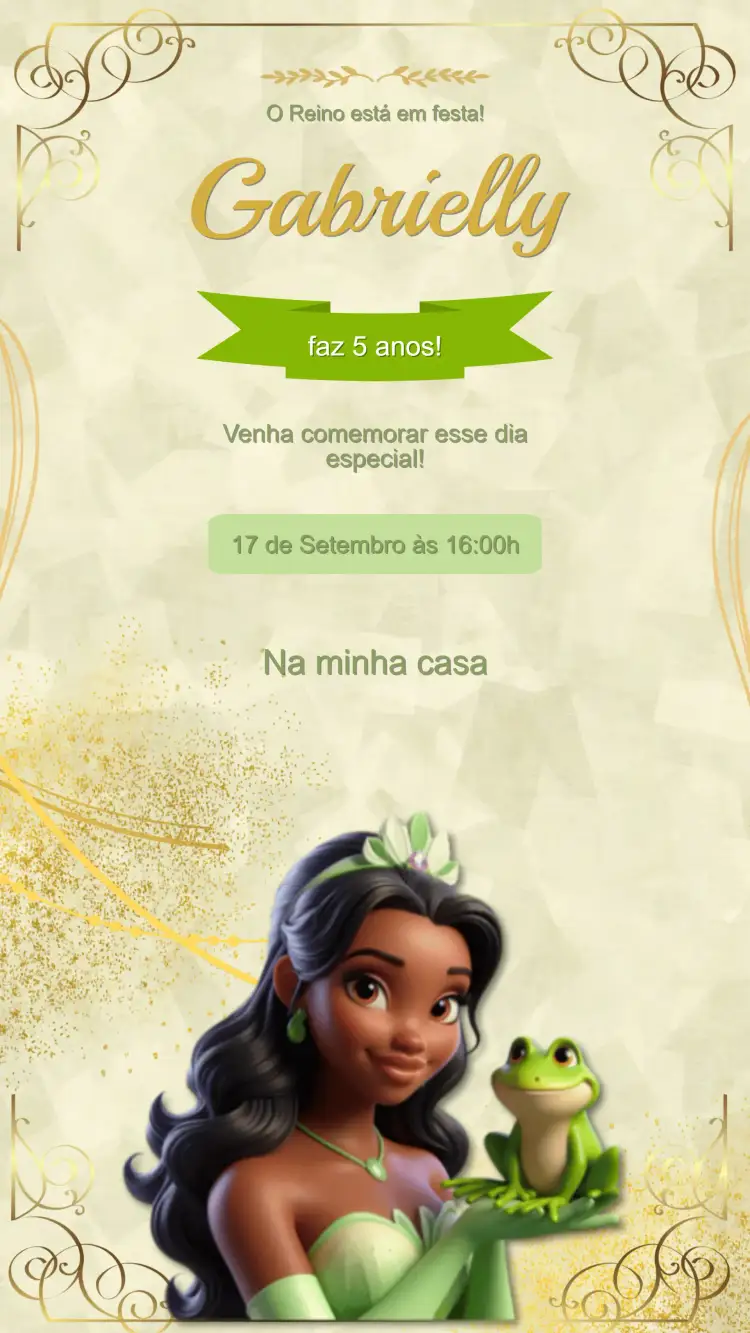 Convite Convite Aniversário Princesa Tiana e o sapo – tema Aniversário Infantil cores vibrantes, estilo de conto de fadas, elementos naturais, ilustrações lúdicas, design alegre, atmosfera mágica