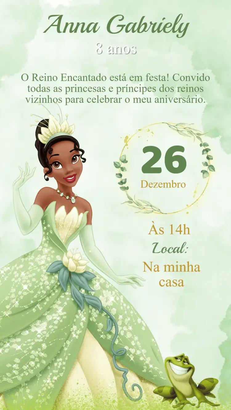 Convite Convite Aniversário Princesa Tiana e o sapo – tema Aniversário Infantil cores suaves, elementos de conto de fadas, design colorido, estilo lúdico, ilustrações encantadoras