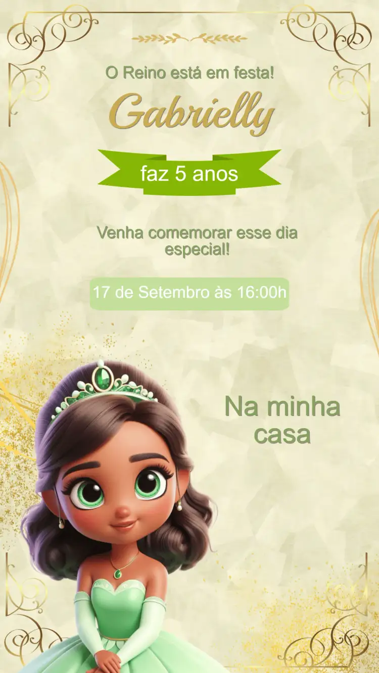 Convite Convite Aniversário Princesa Tiana e o sapo – tema Aniversário Infantil cores vibrantes, elementos gráficos de sapos, estilo divertido, inspirado na Disney, floresta encantada, estilo ilustrativo