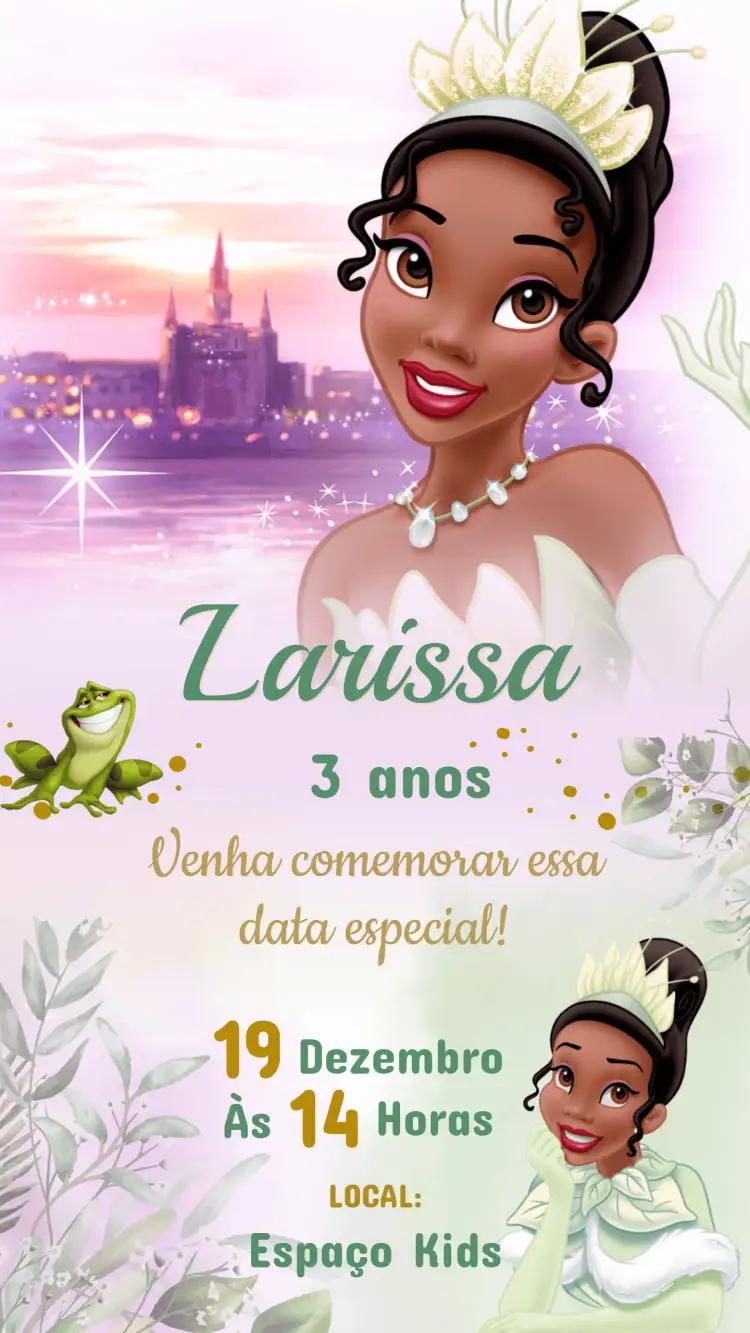 Convite Convite Aniversário Princesa Tiana e o sapo – tema Aniversário Infantil cores vibrantes, estilo Disney, elementos gráficos de conto de fadas, ilustrações da natureza, design alegre, temática mágica
