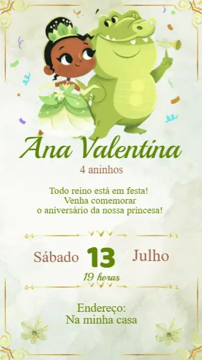 Convite Aniversário Princesa Tiana e o sapo