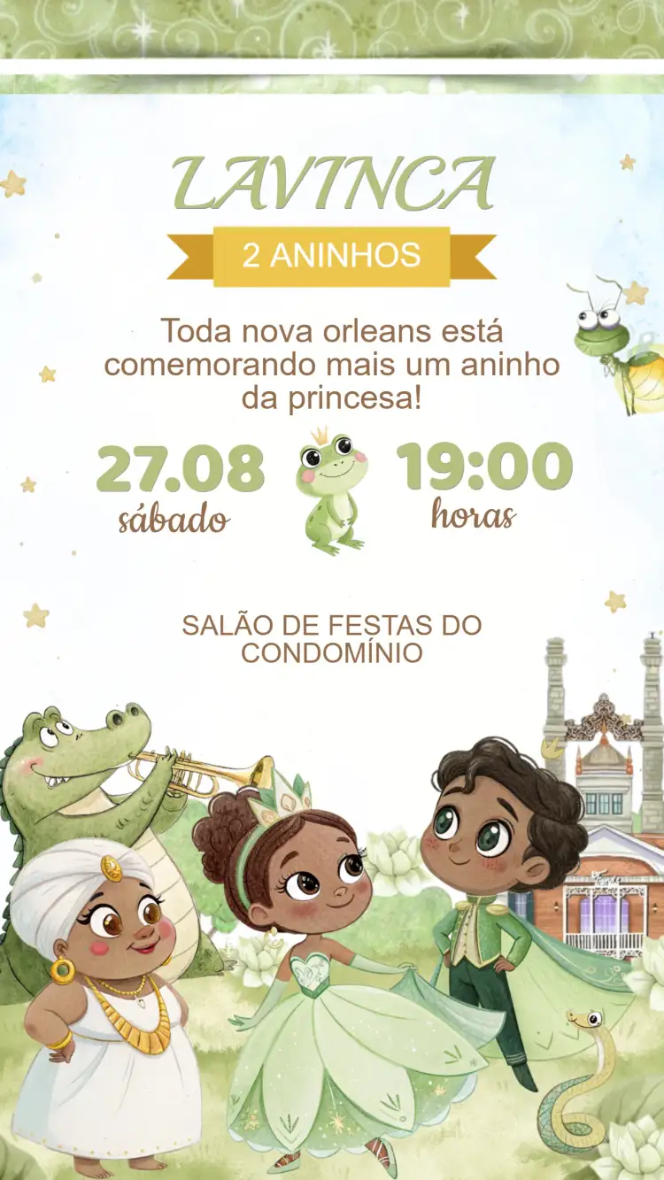 Convite Convite Aniversário Princesa Tiana e o Sapo – tema Aniversário Infantil cores vibrantes, estilo cartoon, elementos da natureza, detalhes encantados, inspirado em contos de fadas
