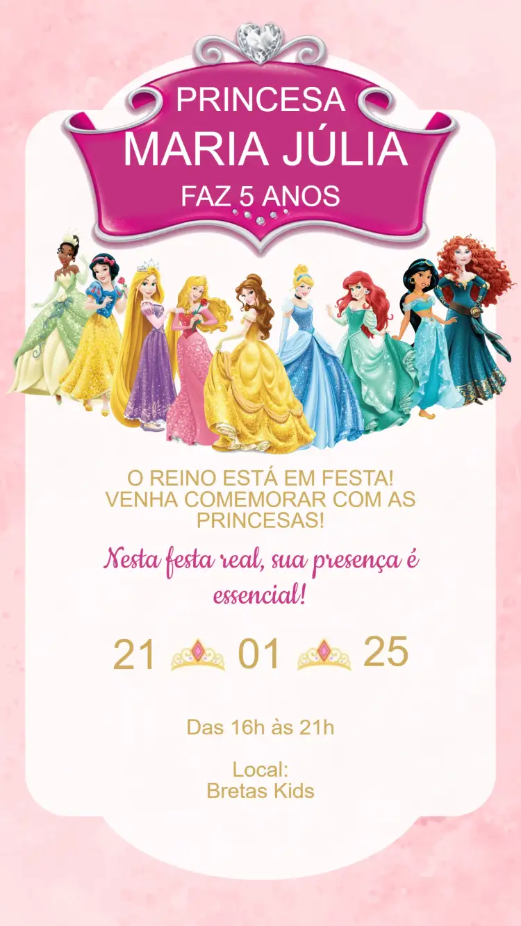 Convite Convite Aniversário Princesas Disney – tema Aniversário Infantil cores suaves, estilo lúdico, elementos gráficos da Disney, tema mágico, ilustrações encantadoras