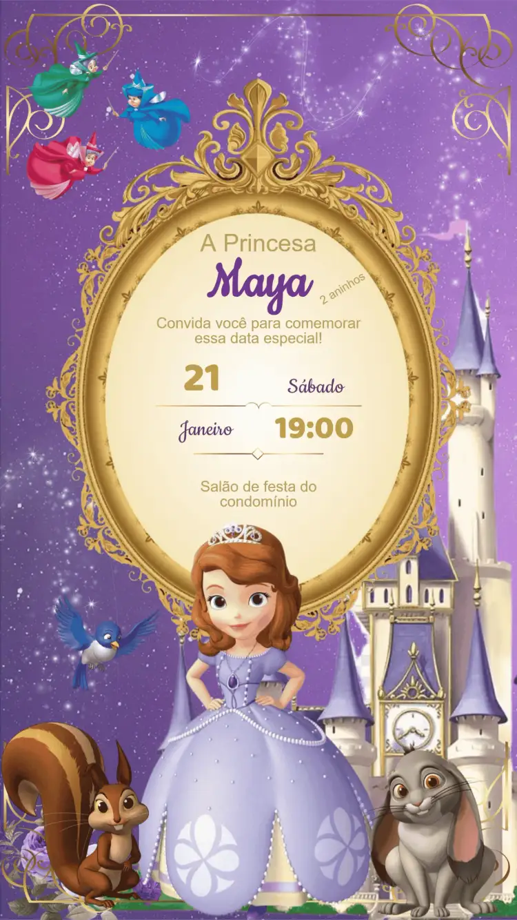 Convite Convite Aniversário Princesinha Sofia – tema Aniversário Infantil cores pastéis, elementos de conto de fadas, ilustrações de princesas, detalhes em dourado, estilo encantado, ambiente lúdico