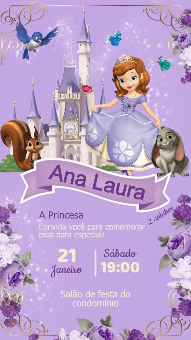 Convite Convite Aniversário Princesinha Sofia – tema Aniversário Infantil cores suaves, estilo lúdico, elementos gráficos infantis, design colorido, tema de princesa, inspirado em contos de fadas
