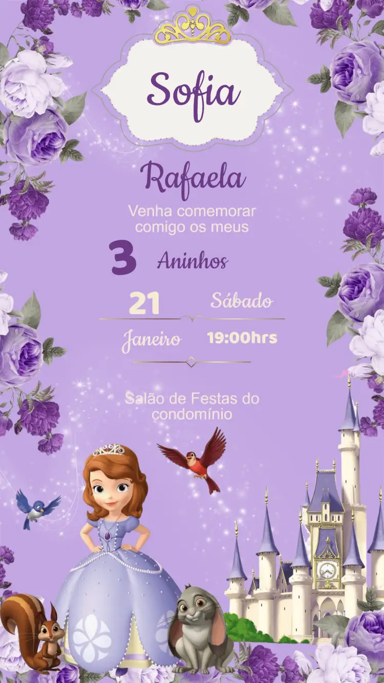 Convite Convite Aniversário Princesinha Sofia – tema Aniversário Infantil colorido, fantasia, mágico, ilustrações infantis, brilho, estilo conto de fadas