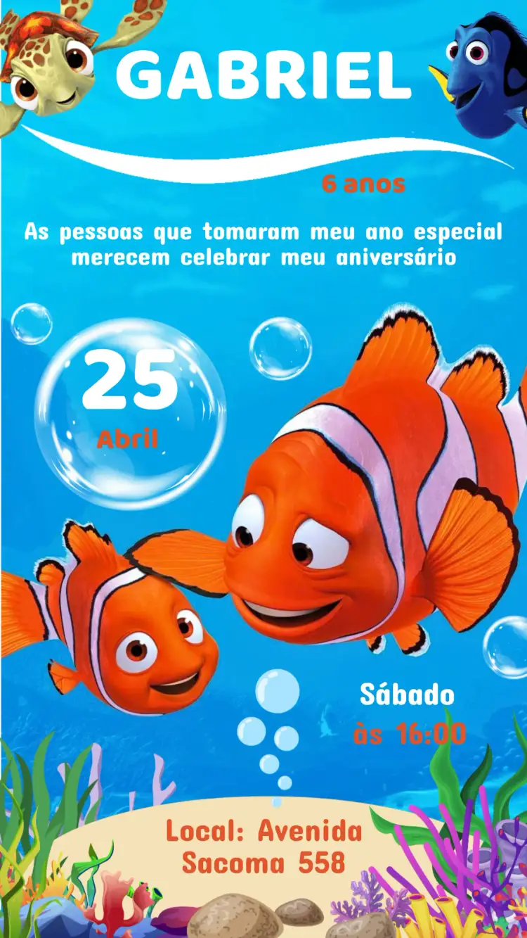 Convite Convite Aniversário PROCURANDO NEMO – tema Aniversário Infantil marinho, colorido, divertido, animado, temático