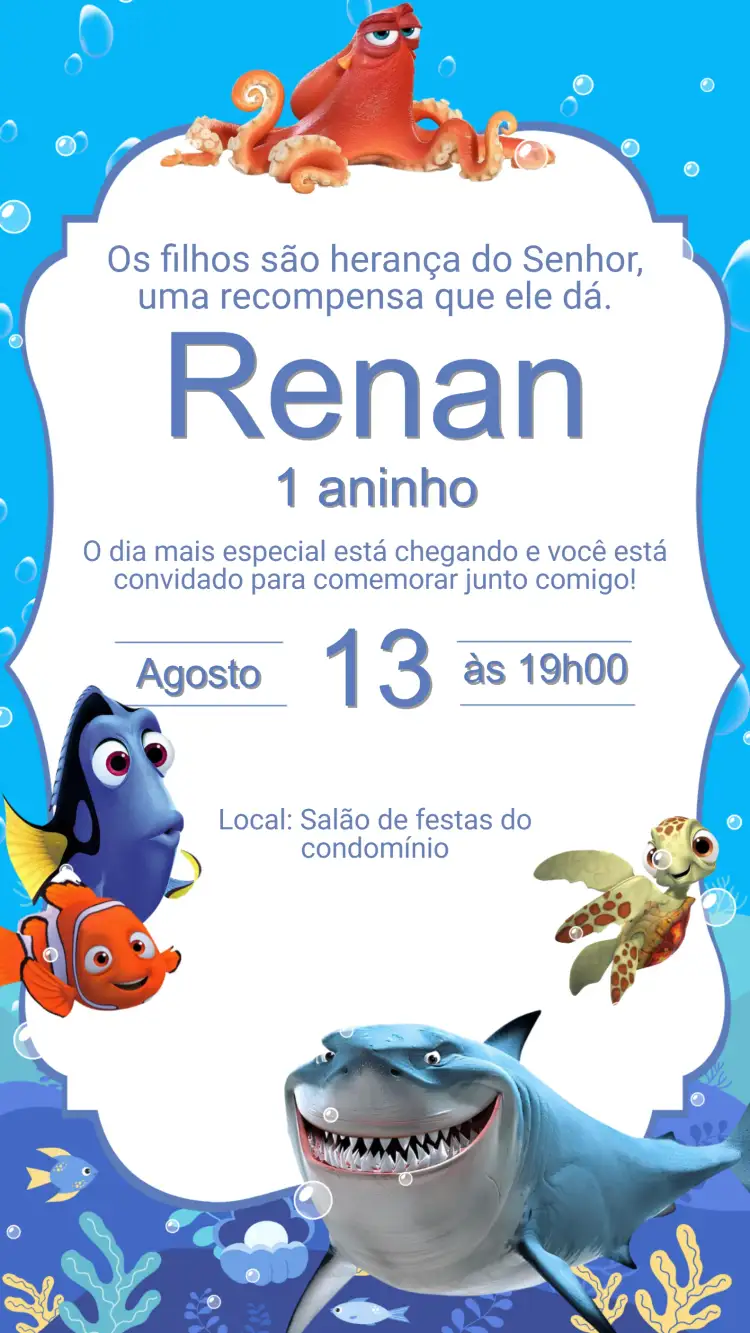 Convite Convite Aniversário Procurando Nemo – tema Aniversário Infantil cores vibrantes, estilo lúdico, elementos do mar, ilustrações de personagens, design divertido, tema aquático