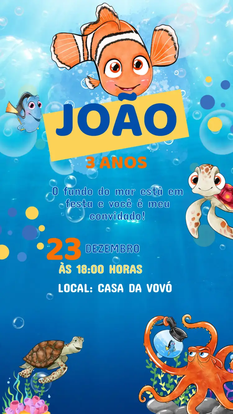 Convite Convite Aniversário Procurando Nemo – tema Aniversário Infantil marinho, colorido, divertido, ilustrações animadas, estilo cartoon, vibrante