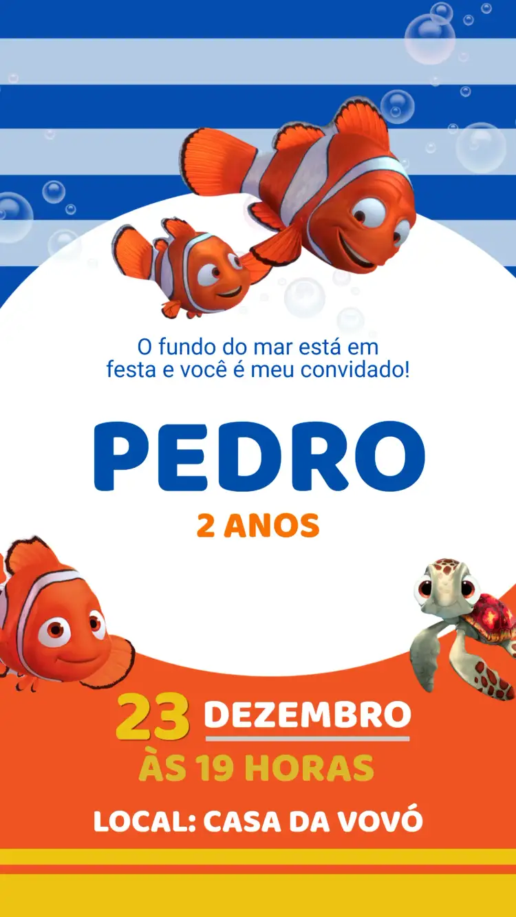Convite Convite Aniversário Procurando Nemo – tema Aniversário Infantil colorido, marinho, divertido, animado, ilustrações de peixes, fundo do mar