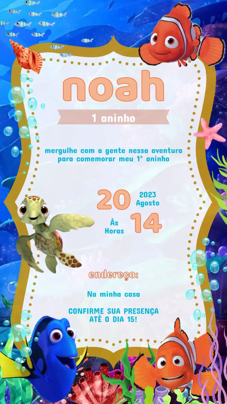 Convite Convite Aniversário Procurando Nemo – tema Aniversário Infantil marinho, colorido, divertido, ilustrações de peixes, fundo do mar, lúdico