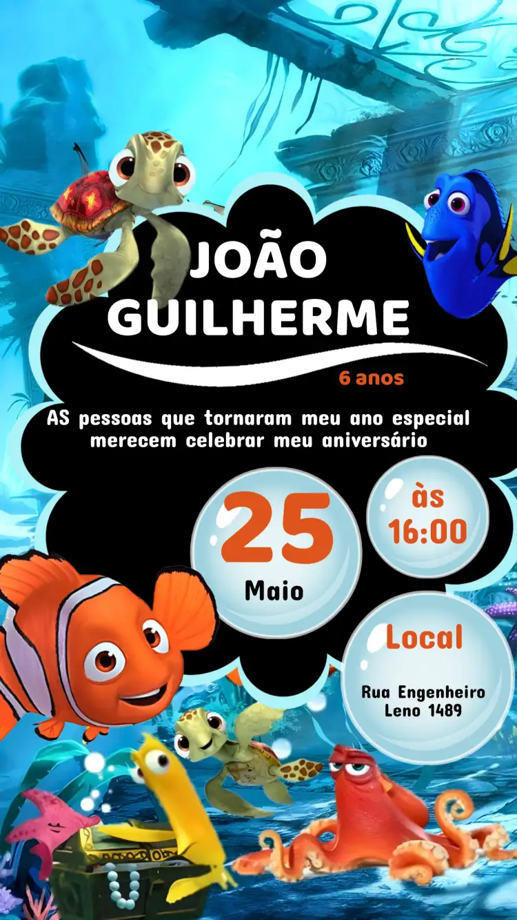 Convite Convite Aniversário PROCURANDO NEMO – tema Aniversário Infantil marinho, colorido, lúdico, divertido, aventura, animais do mar
