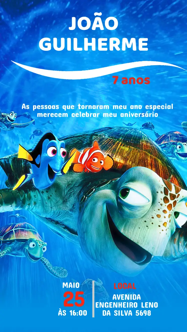 Convite Convite Aniversário PROCURANDO NEMO – tema Aniversário Infantil marinho, colorido, divertido, animais aquáticos, aventura, ilustração