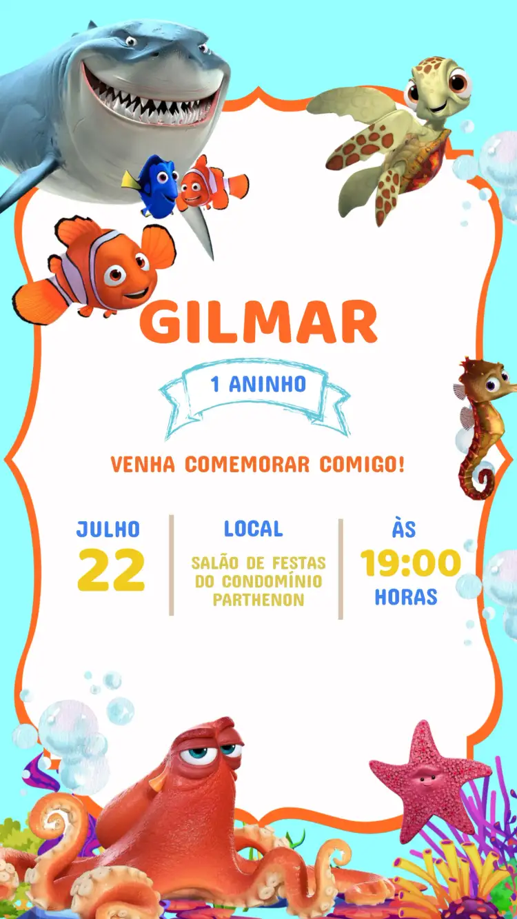 Convite Convite Aniversário Procurando Nemo – tema Aniversário Infantil fundo do mar, colorido, divertido, ilustrações animadas, vibrante, tropical