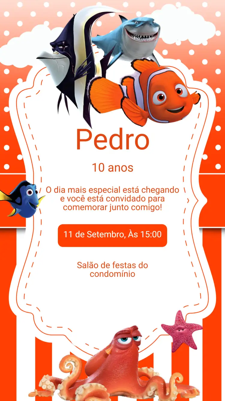 Convite Convite Aniversário Procurando Nemo – tema Aniversário Infantil colorido, subaquático, divertido, ilustrativo, infantil, temático