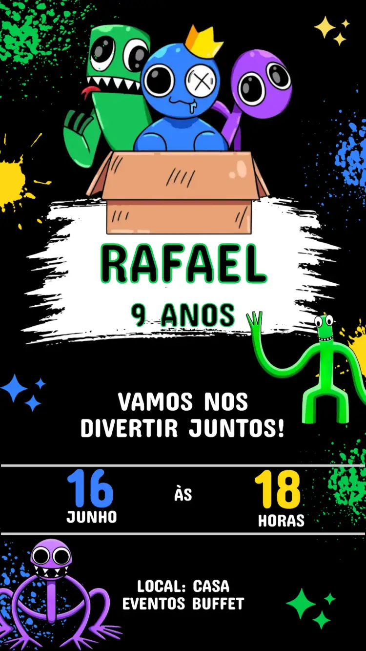 Convite Convite Aniversário Rainbow friend – tema Aniversário Infantil colorido, divertido, infantil, arco-íris, moderno, alegre