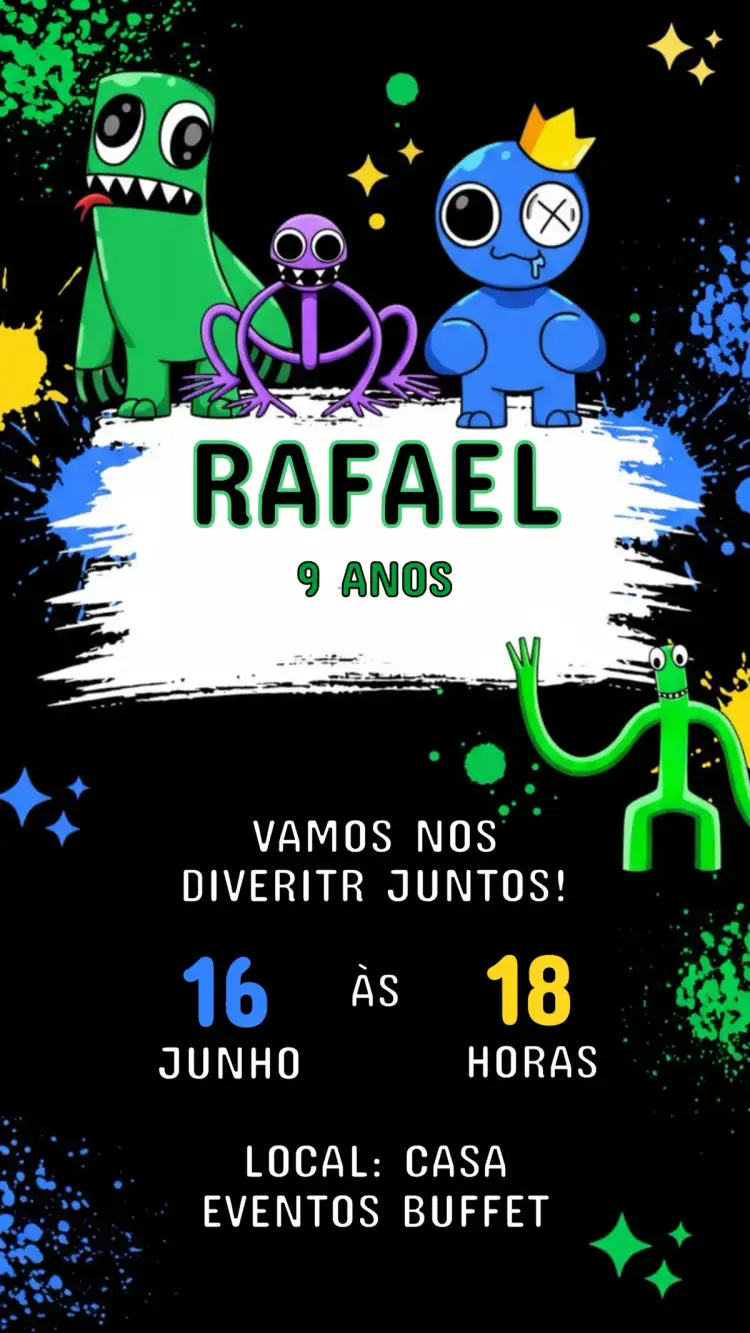 Convite Convite Aniversário Rainbow friend – tema Aniversário Infantil colorido, divertido, lúdico, moderno, infantil