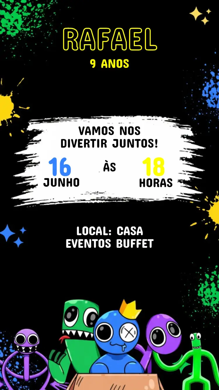Convite Convite Aniversário Rainbow friend – tema Aniversário Infantil arco-íris, colorido, divertido, lúdico, amigável, alegre