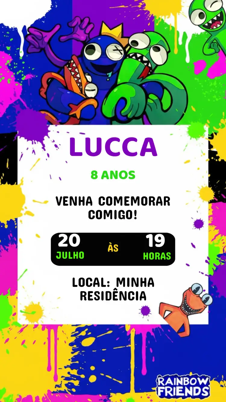 Convite Convite Aniversário Rainbow friend – tema Aniversário Infantil arco-íris, colorido, divertido, infantil, fantasia, alegre