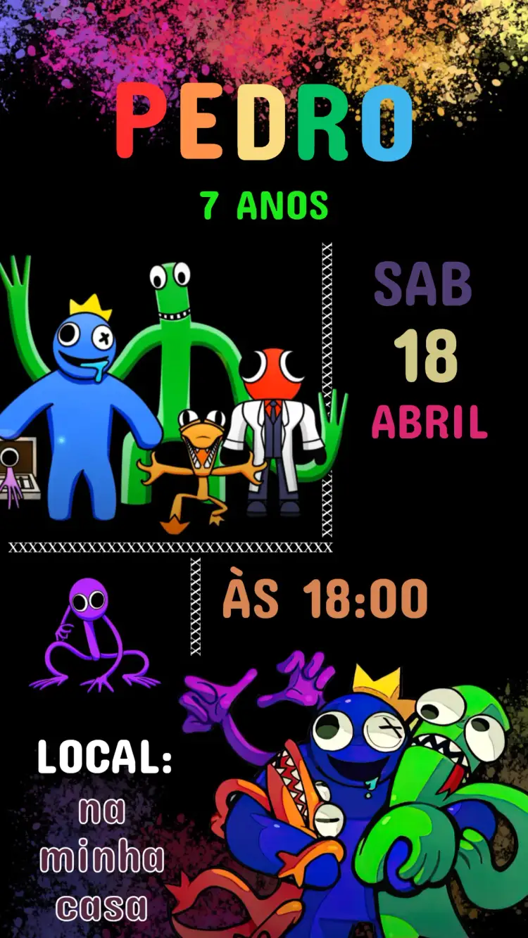 Convite Convite Aniversário Rainbow friend – tema Aniversário Infantil arco-íris, colorido, lúdico, divertido, infantil, moderno