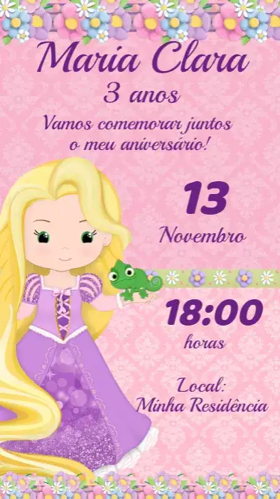 Convite Convite Enrolados Infantil Editável – Festa da Rapunzel – tema Aniversário Infantil cores vibrantes, elementos de conto de fadas, estilo lúdico, ilustrações de princesas, tema mágico, detalhes encantados
