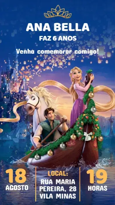 Convite Convite Enrolados Princesa Infantil – Editável – tema Aniversário Infantil cores vibrantes, estilo mágico, elementos de conto de fadas, design encantador, ilustrações de princesas