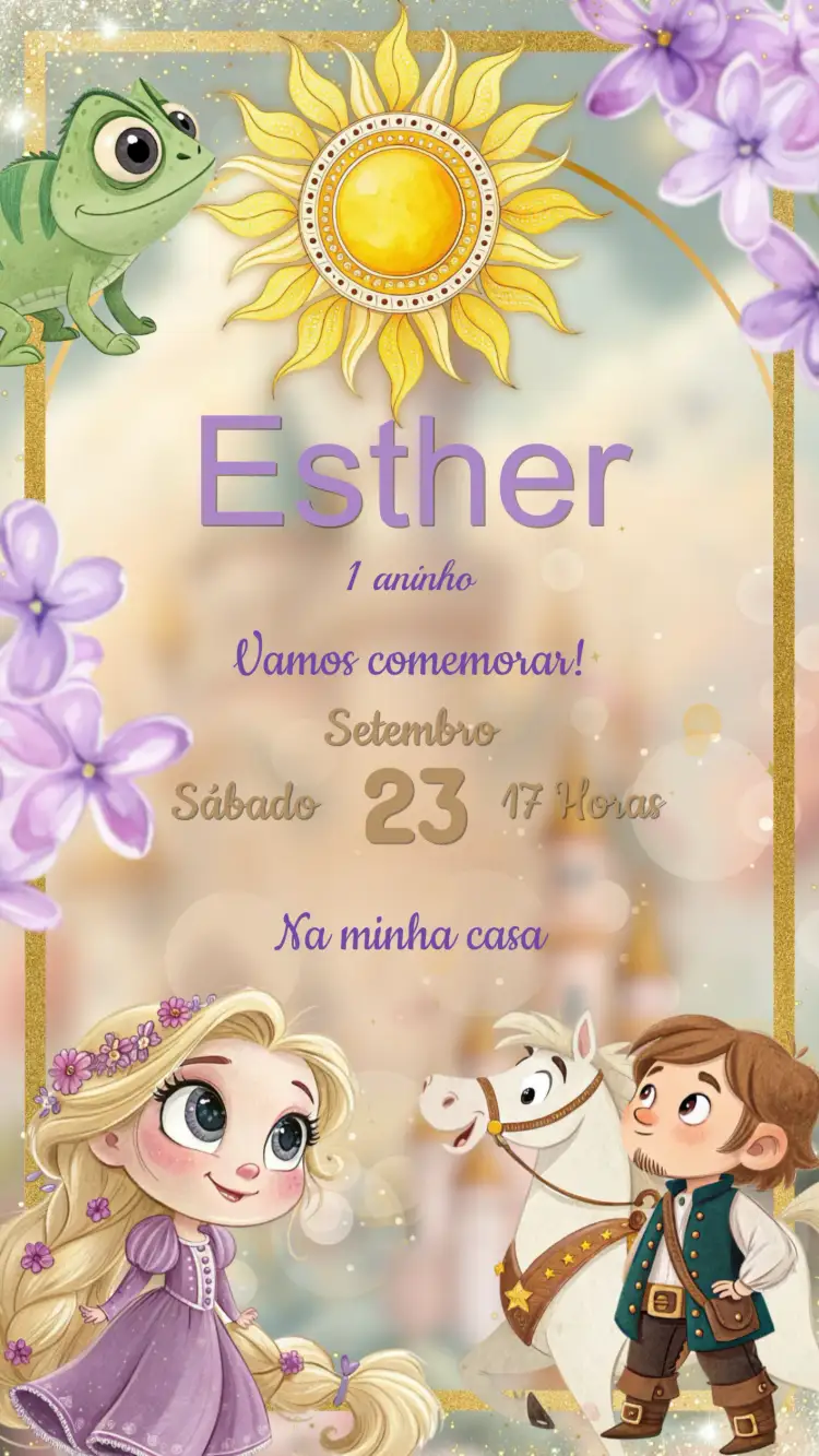 Convite Convite Aniversário Rapunzel – tema Aniversário Infantil cores vibrantes, elementos de conto de fadas, ilustrações de princesas, estilo infantil, design alegre, detalhes florais