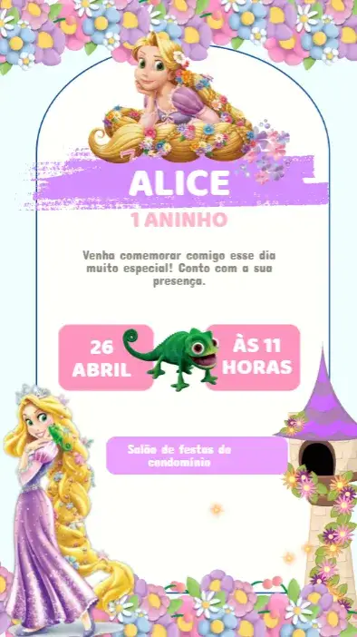 Convite Convite Enrolados Princesa Infantil – Editável – tema Aniversário Infantil cores suaves, estilo de conto de fadas, elementos gráficos de princesas, ilustrações encantadoras, design alegre, tema mágico