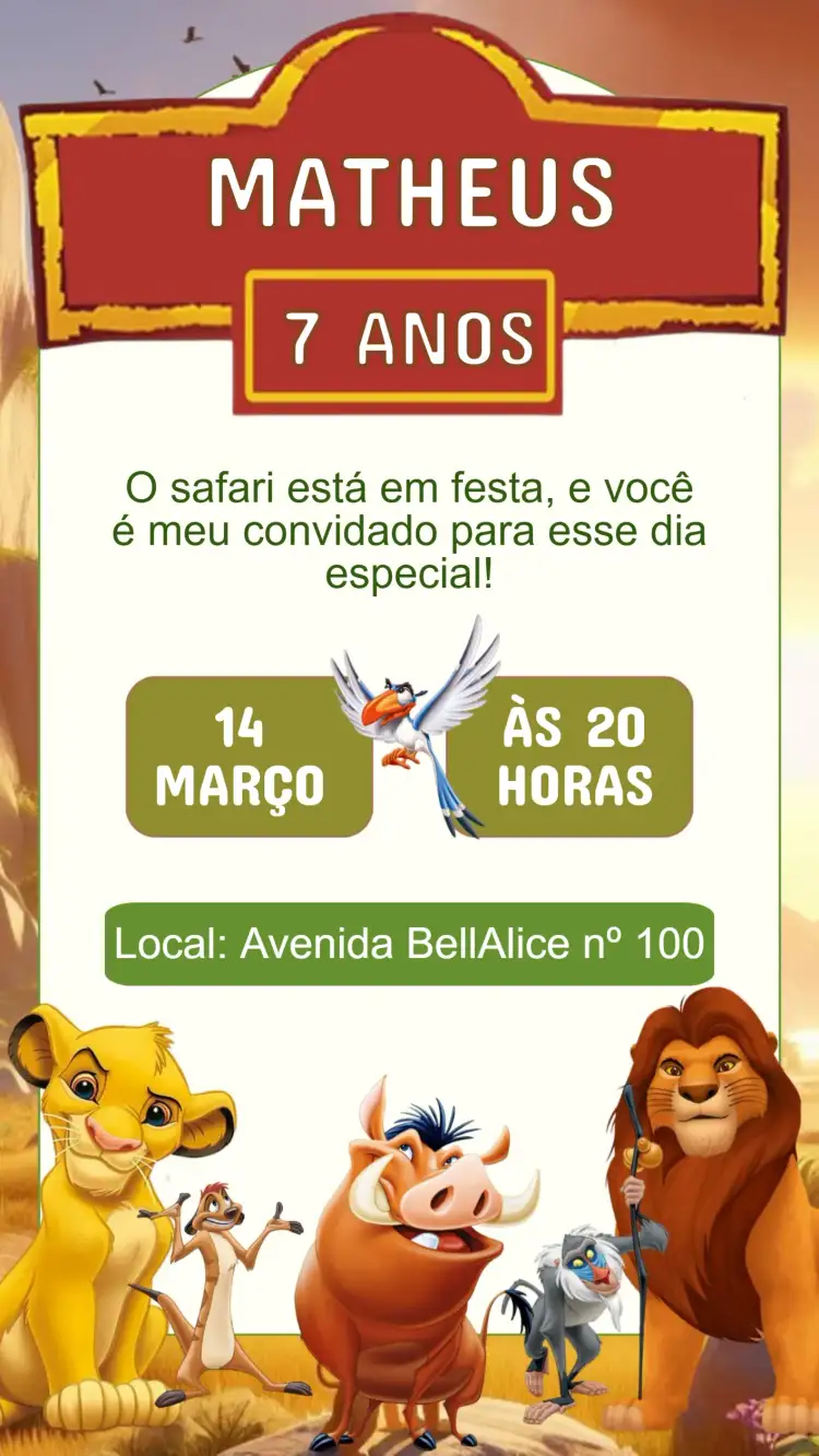 Convite Convite Aniversário Rei Leão – tema Aniversário Infantil colorido, temático, aventura, animais, jungla, Disney