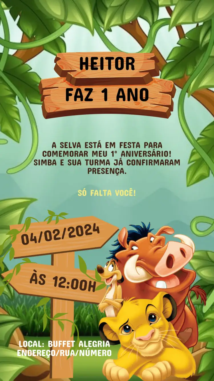 Convite Convite Aniversário Rei Leão – tema Aniversário Infantil selva, animais, colorido, divertido, aventura, tropical