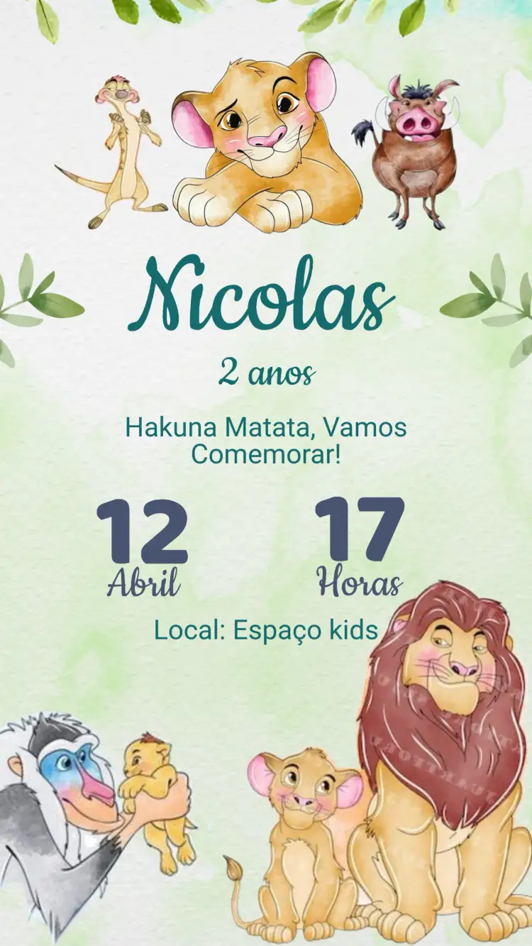 Convite Convite Aniversário Rei Leão – tema Aniversário Infantil colorido, animais, savana, aquarela, divertido, tropical