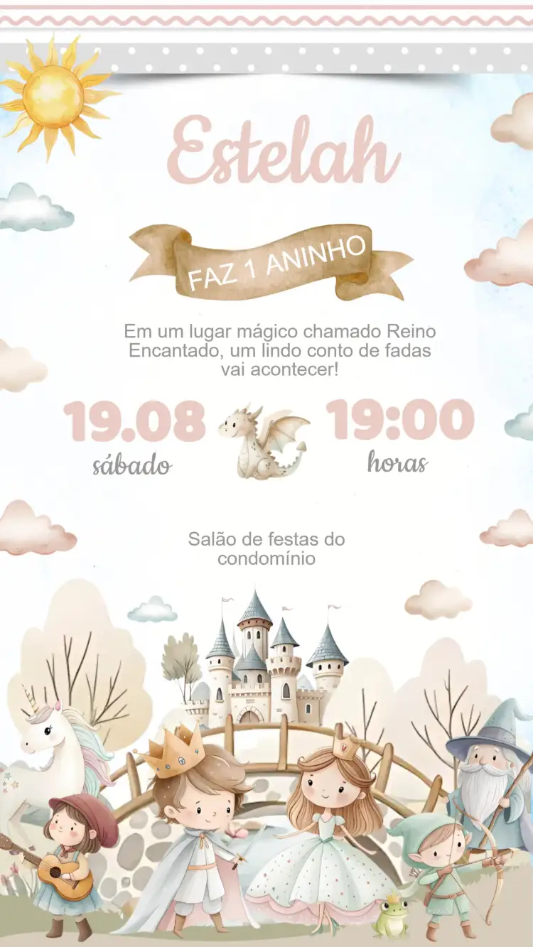 Convite Convite Aniversário Reino Encantado – tema Aniversário Infantil cores suaves, fantasia, elementos mágicos, ilustrações coloridas, design encantador, estilo lúdico