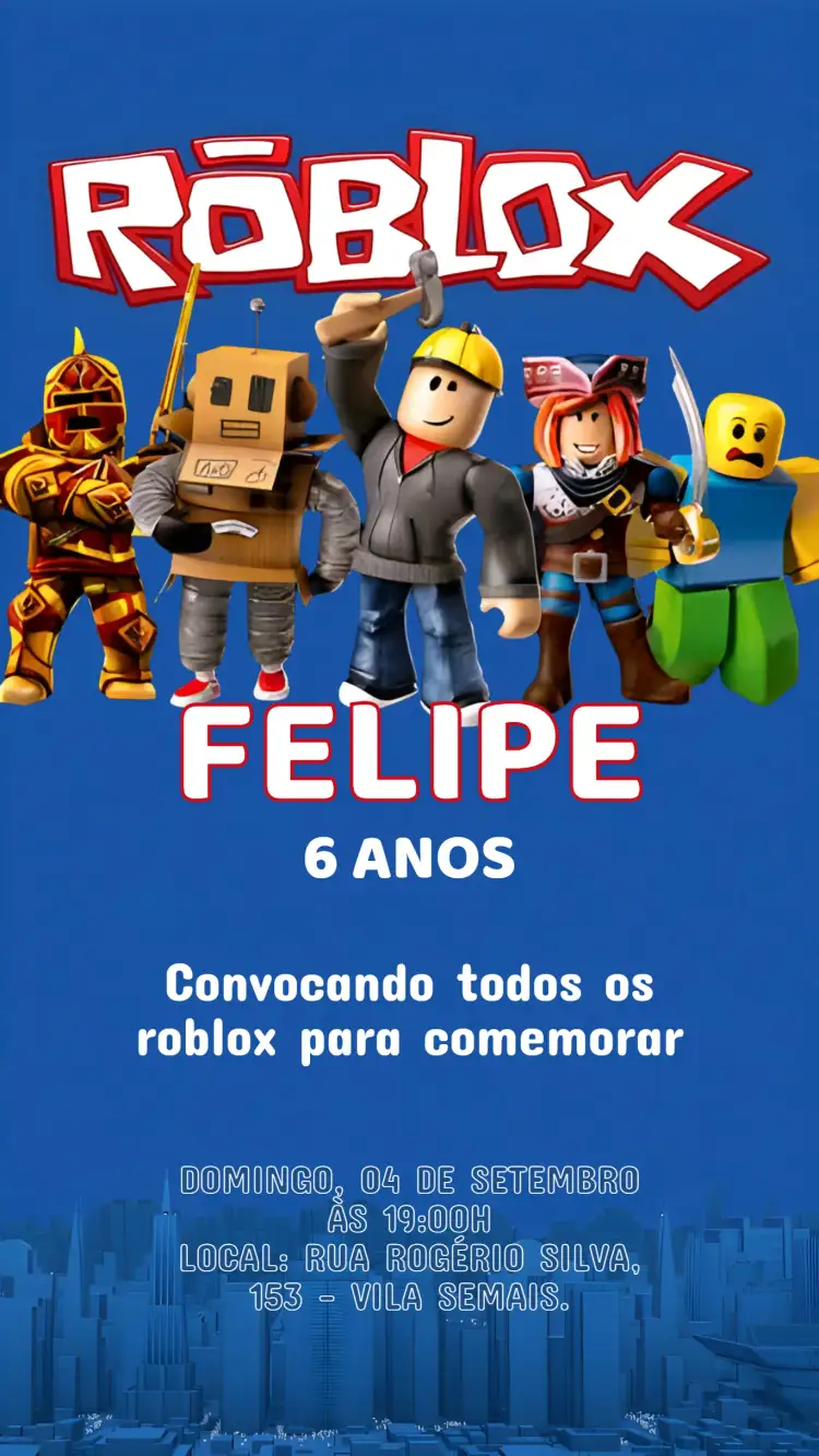 Convite Convite Aniversário Roblox – tema Aniversário Infantil colorido, moderno, jogos, diversão, infantil, fantasia