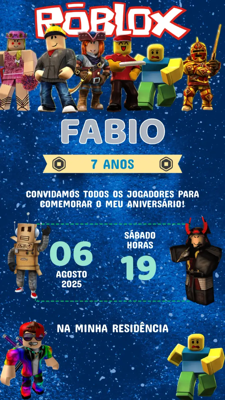 Convite Convite Aniversário Roblox – tema Aniversário Infantil colorido, moderno, jogos, diversão, infantil