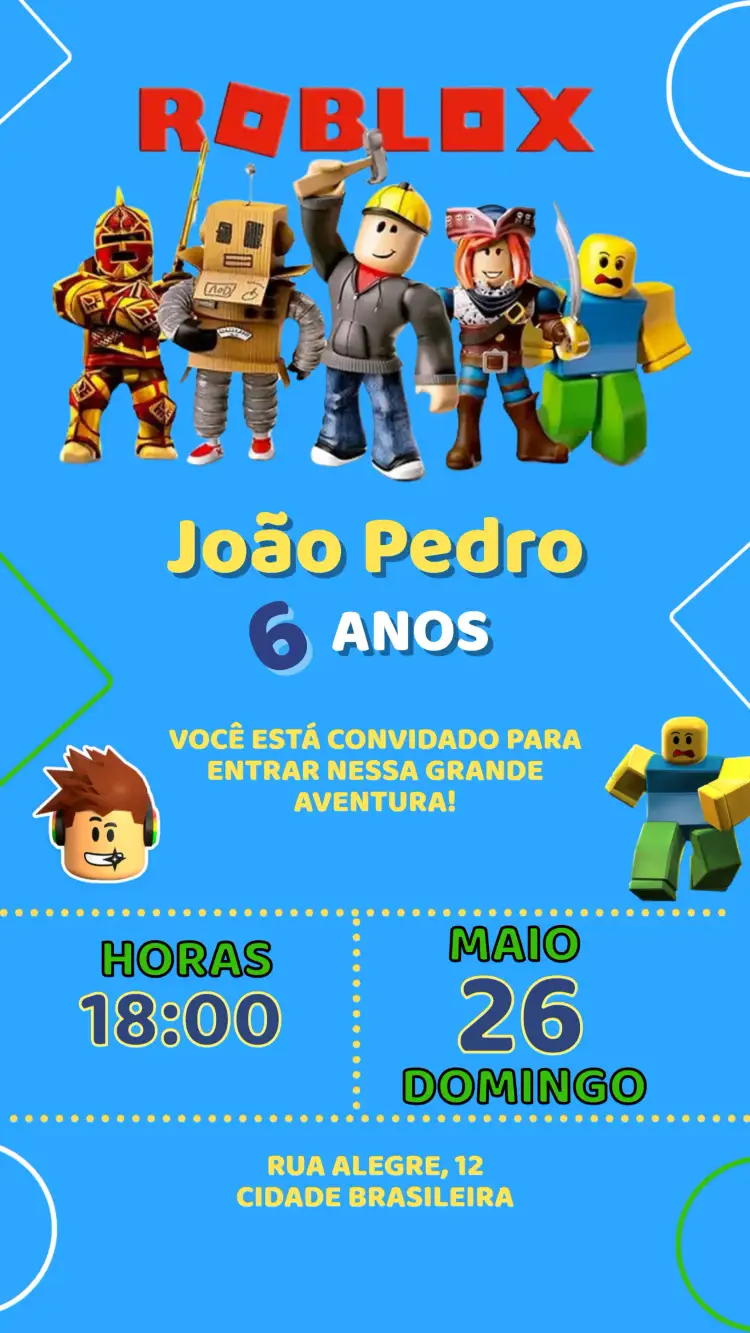Convite Convite Aniversário Roblox Game – tema Aniversário Infantil colorido, gamer, moderno, divertido, virtual, fantasia
