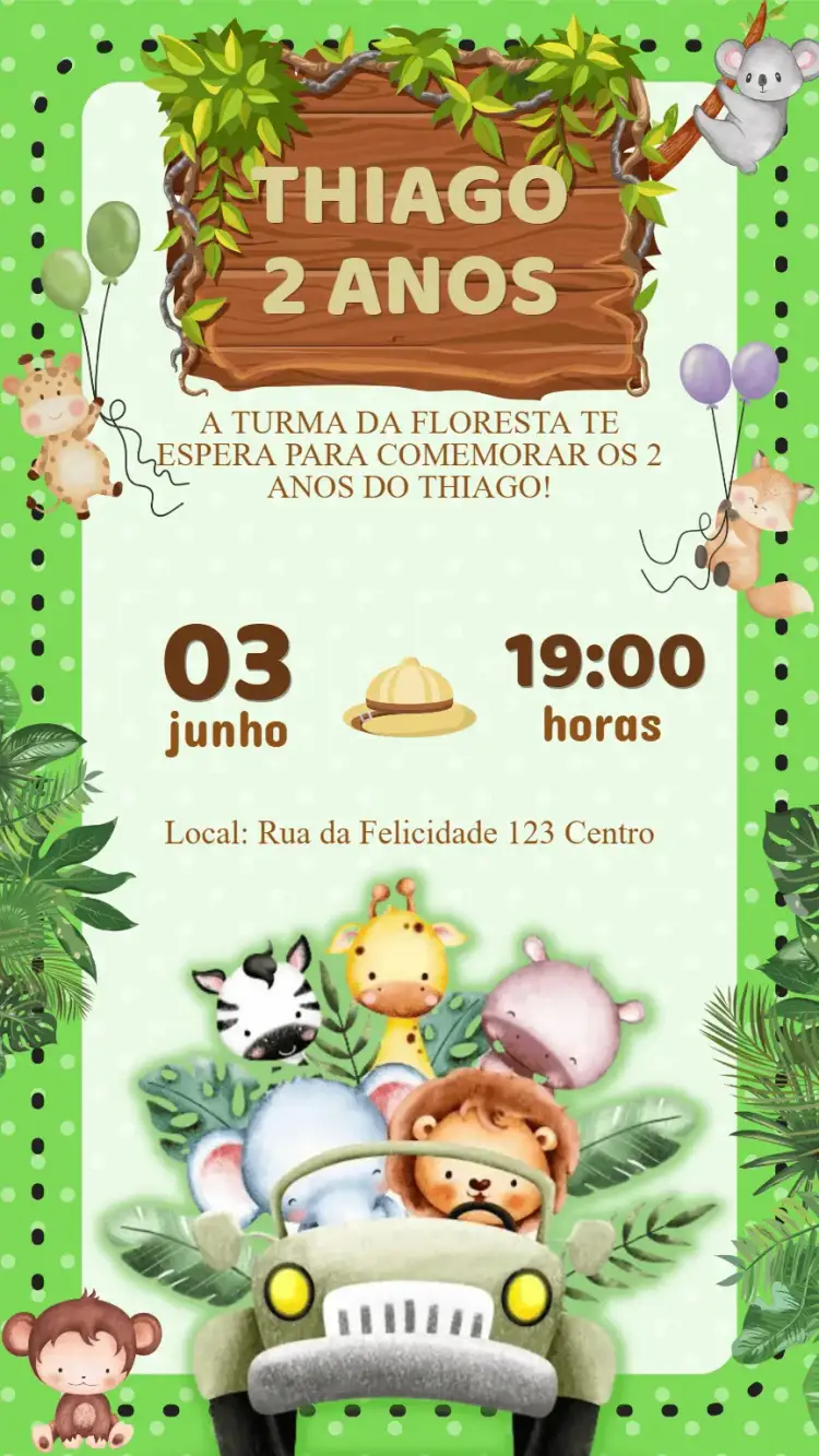 Convite Convite Aniversário Safari – tema Aniversário Infantil animais da selva, cores vibrantes, tropical, aventura, diversão, natureza