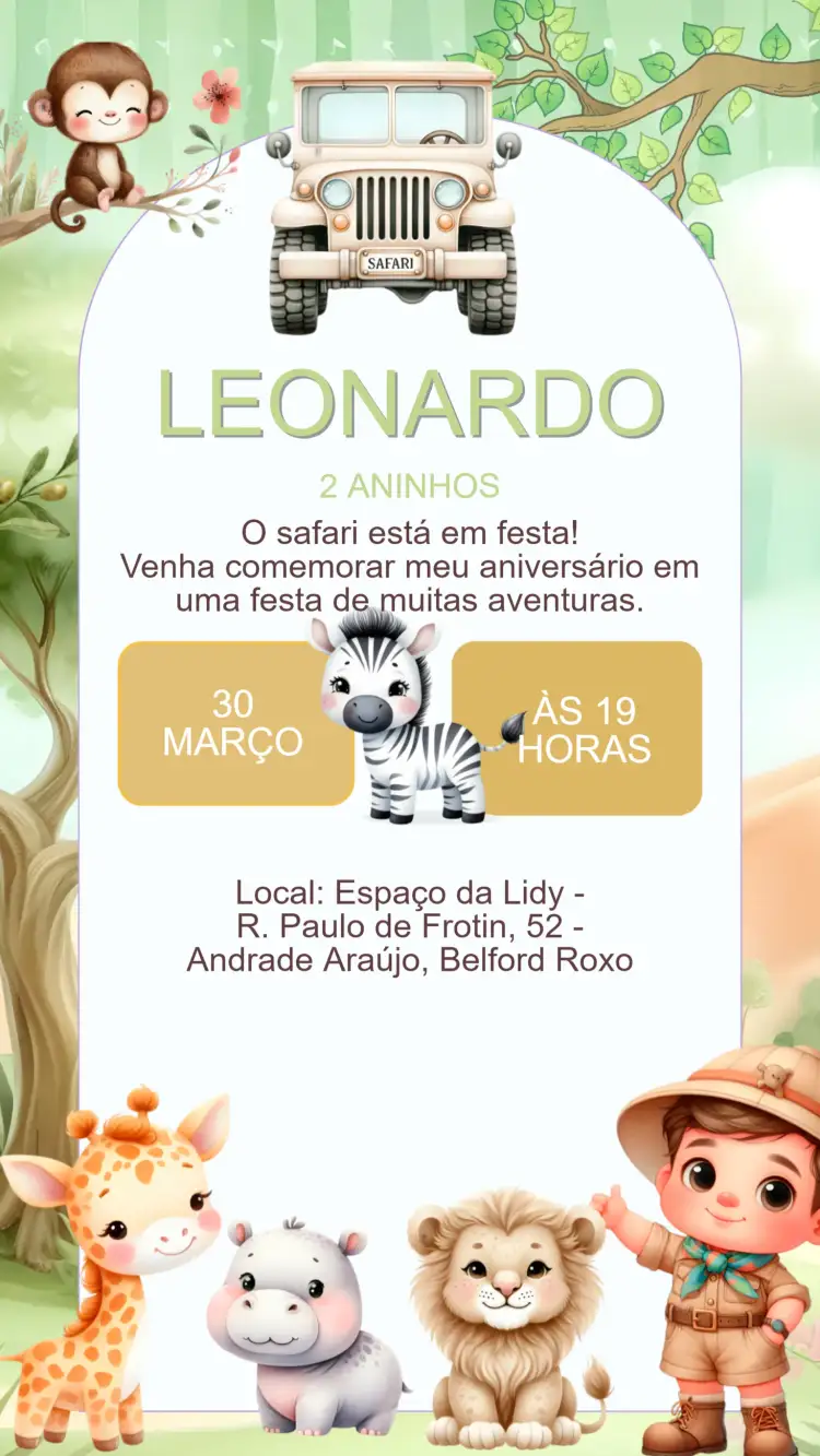 Convite Convite Aniversário Safari – tema Aniversário Infantil selva, animais, cores vibrantes, tropical, aventura, divertido