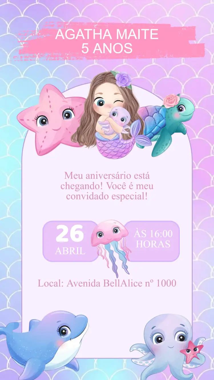 Convite Aniversário Sereia Cute Fundo do Mar