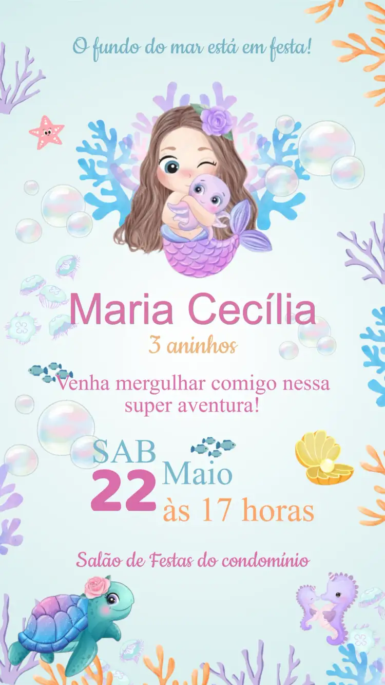 Convite Convite Aniversário Sereia Cute Fundo do Mar – tema Aniversário Infantil cores pastel, elementos oceânicos, ilustrações de sereias, design lúdico, estilo fofo, vibrante e alegre